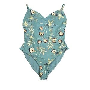 Roxy Trellis Bird Flower Softly Love One Piece Swimsuit Teal Floral Open Back M